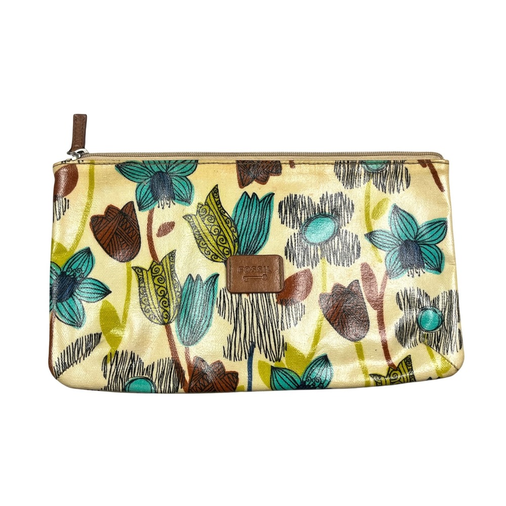 Fossil Key-Per Floral Coated Canvas Zip Pouch Clutch Cream Multi